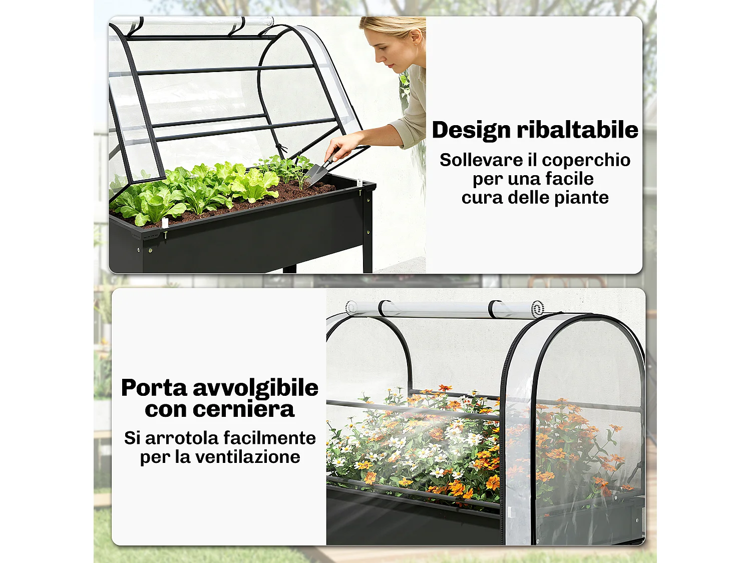 Letto per orto rialzato con mini serra e foro di drenaggio nero
