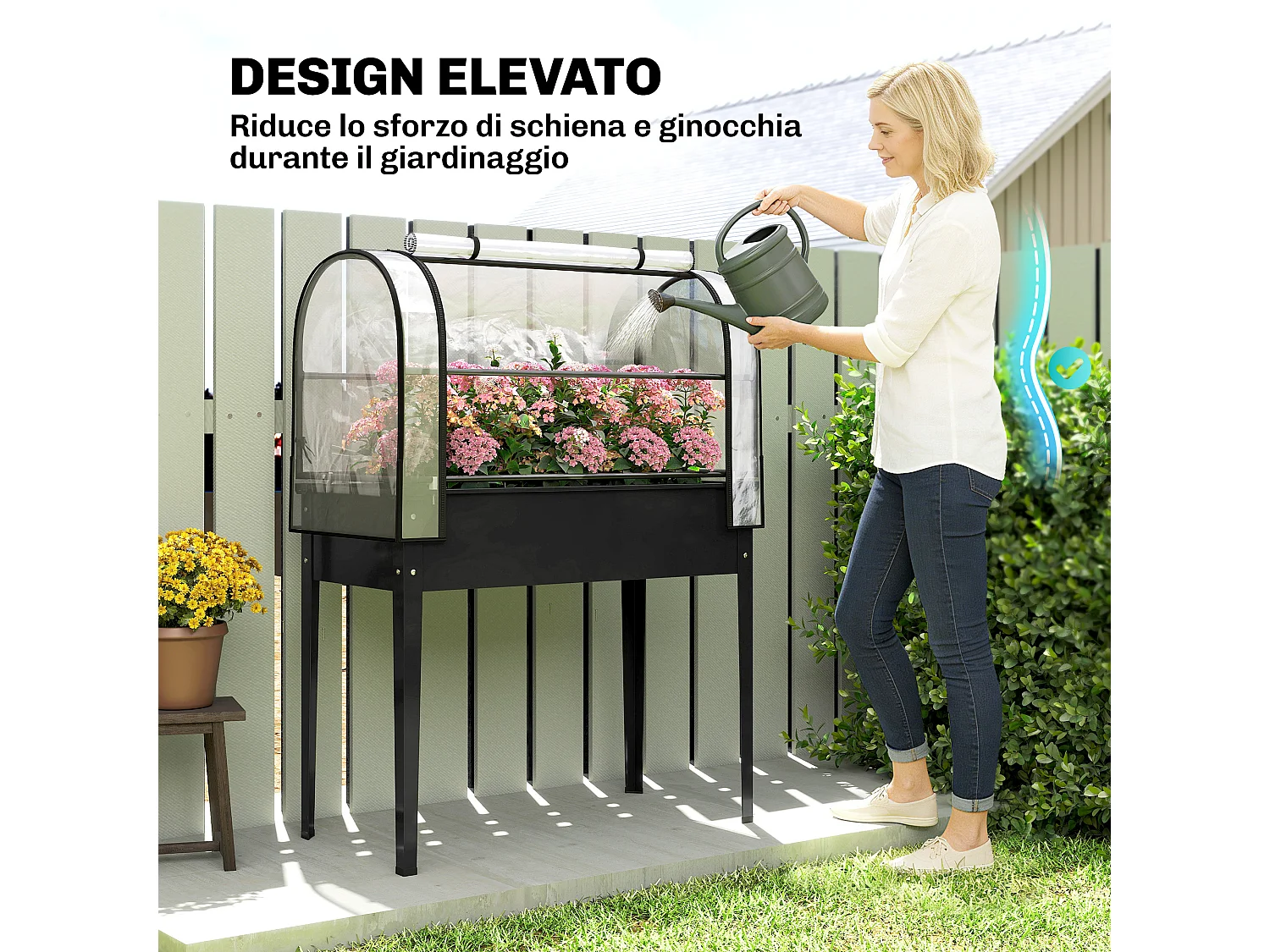 Letto per orto rialzato con mini serra e foro di drenaggio nero