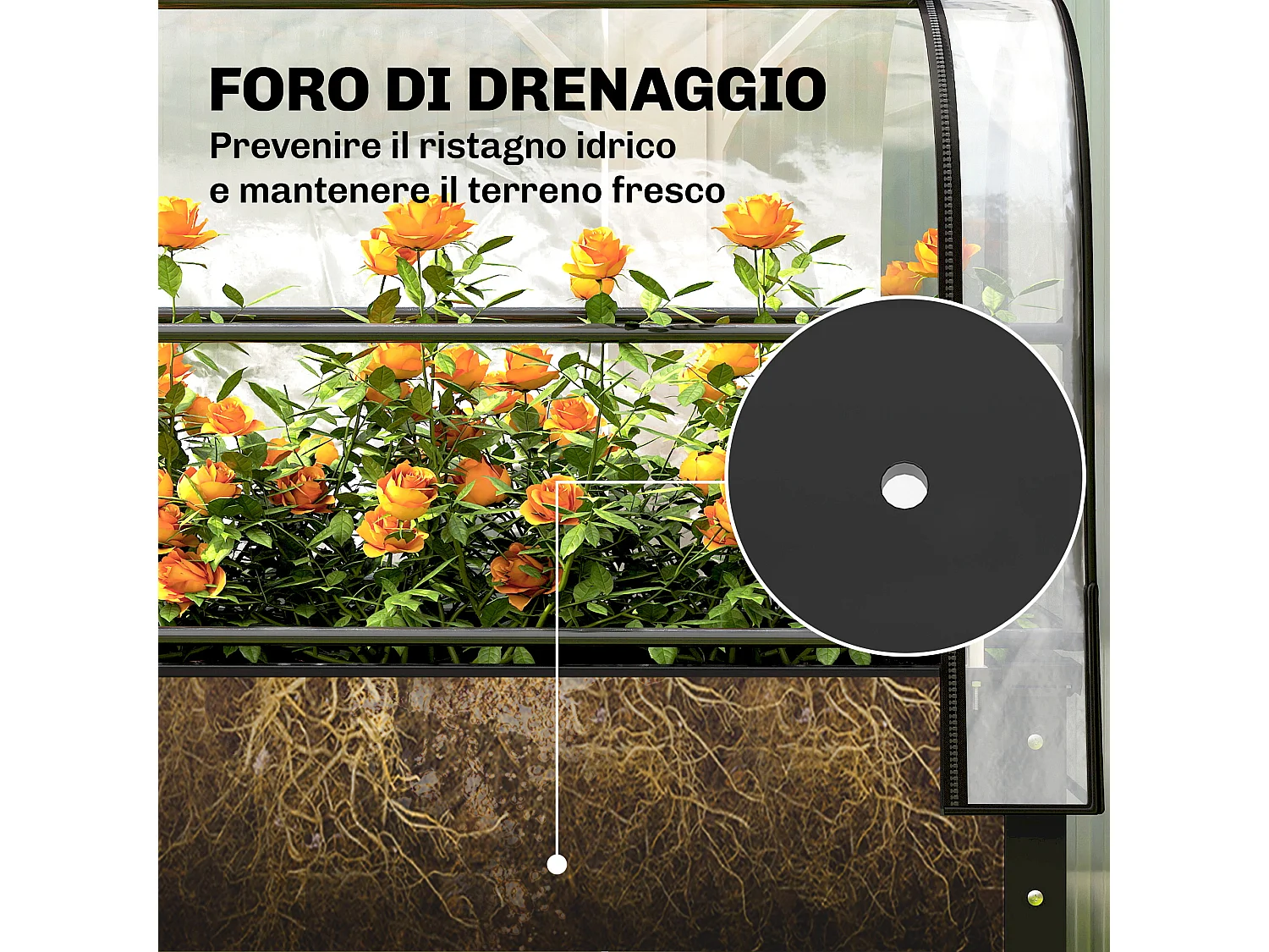 Letto per orto rialzato con mini serra e foro di drenaggio nero