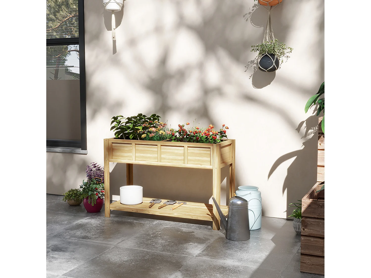 Fioriera rialzata in legno con ripiano inferiore 115x46x75 cm