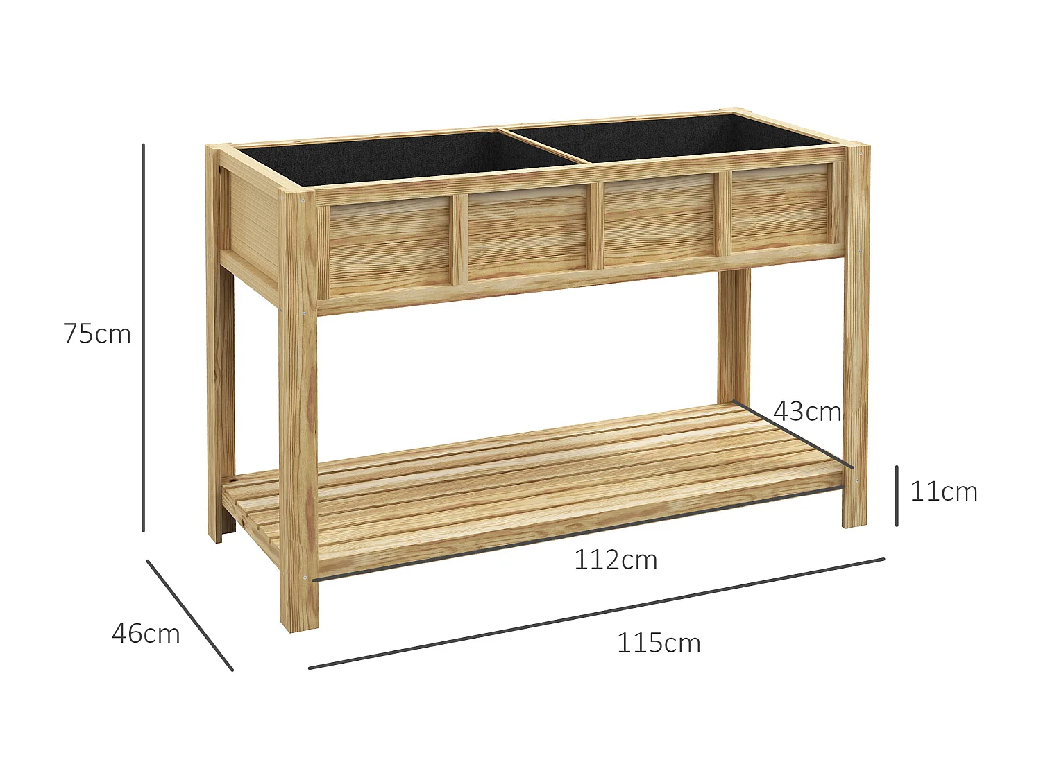 Fioriera rialzata in legno con ripiano inferiore 115x46x75 cm