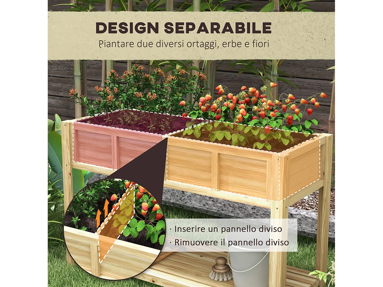 Fioriera rialzata in legno con ripiano inferiore 115x46x75 cm