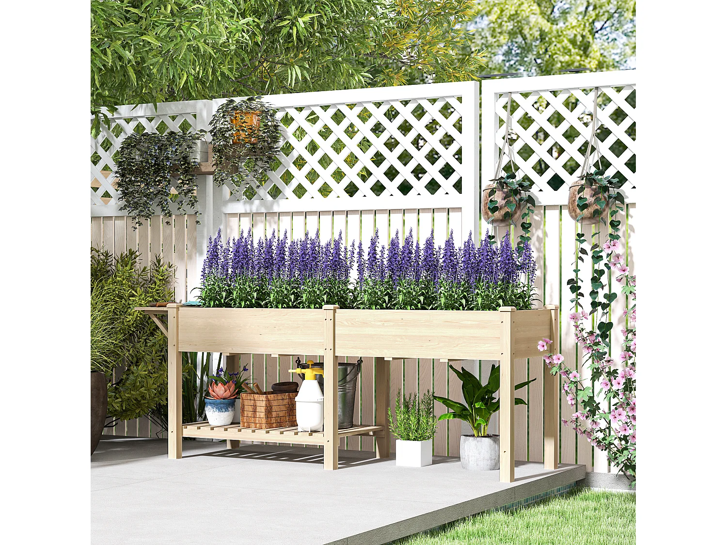 Fioriera rialzata con tavolino laterale e ripiano inferiore in legno