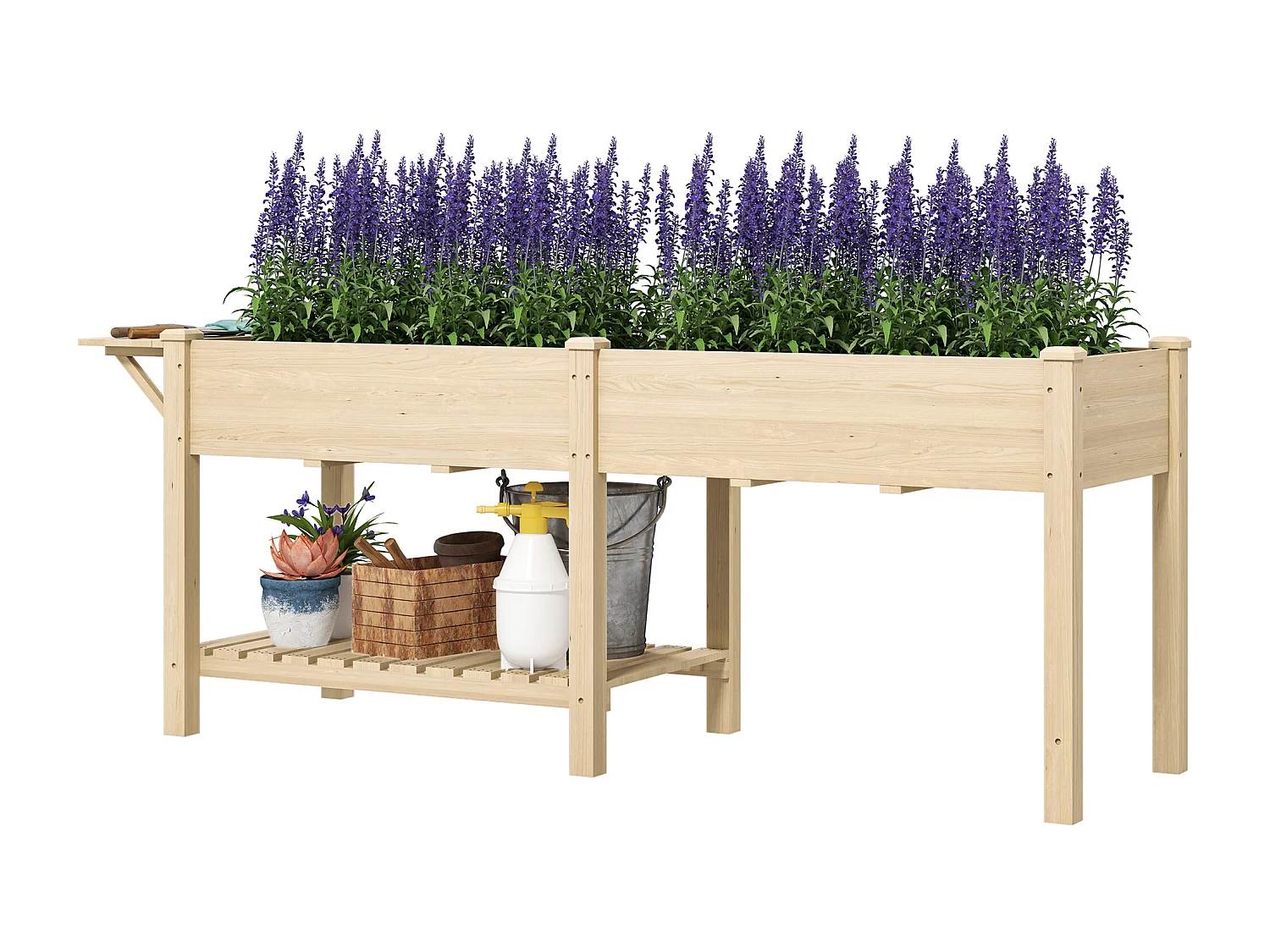 Fioriera rialzata con tavolino laterale e ripiano inferiore in legno