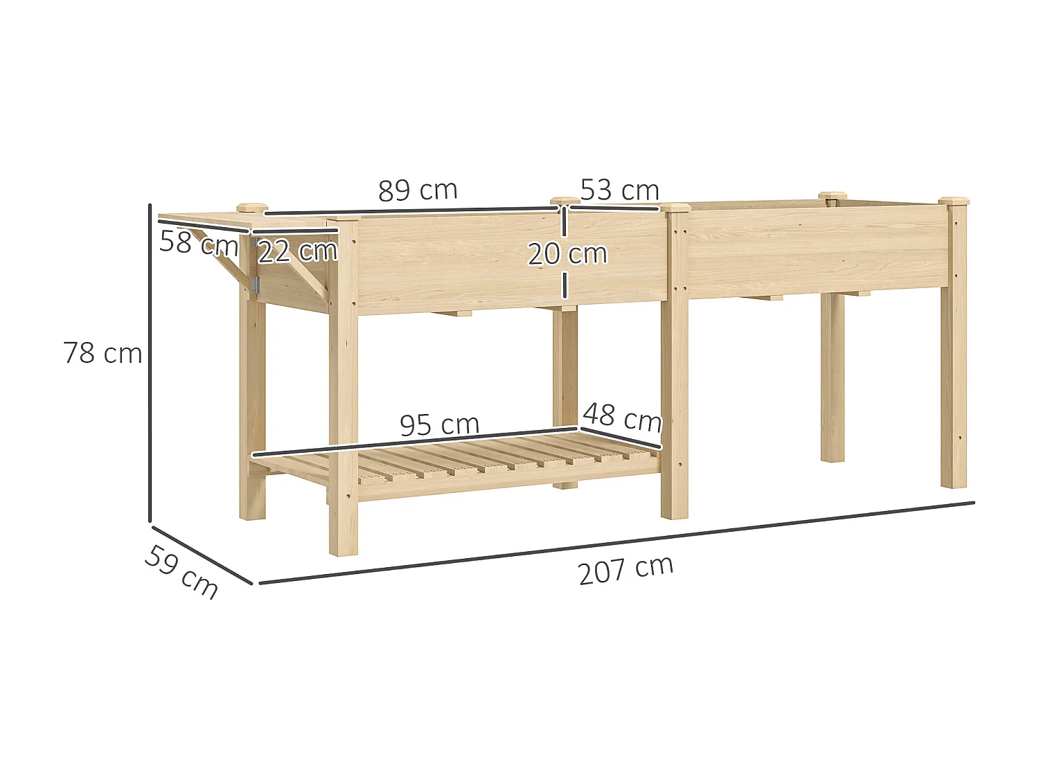 Fioriera rialzata con tavolino laterale e ripiano inferiore in legno