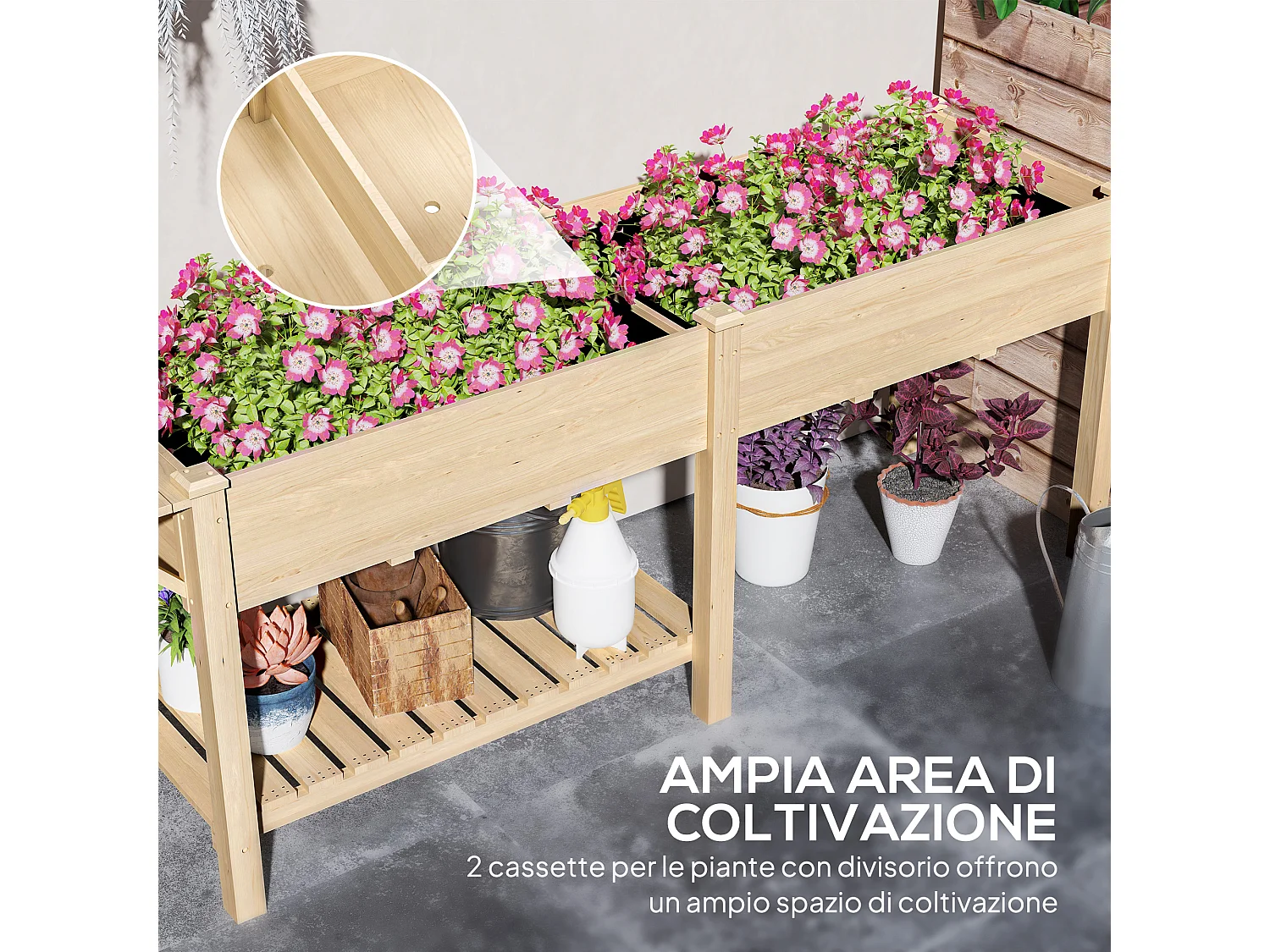 Fioriera rialzata con tavolino laterale e ripiano inferiore in legno