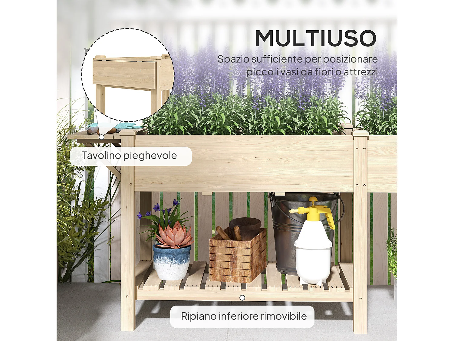 Fioriera rialzata con tavolino laterale e ripiano inferiore in legno