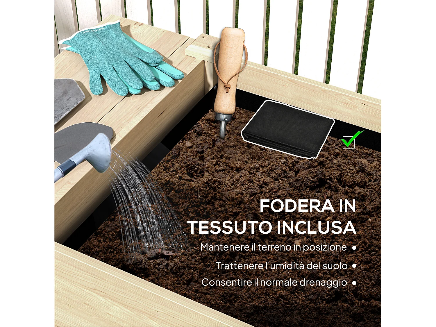 Fioriera rialzata con tavolino laterale e ripiano inferiore in legno