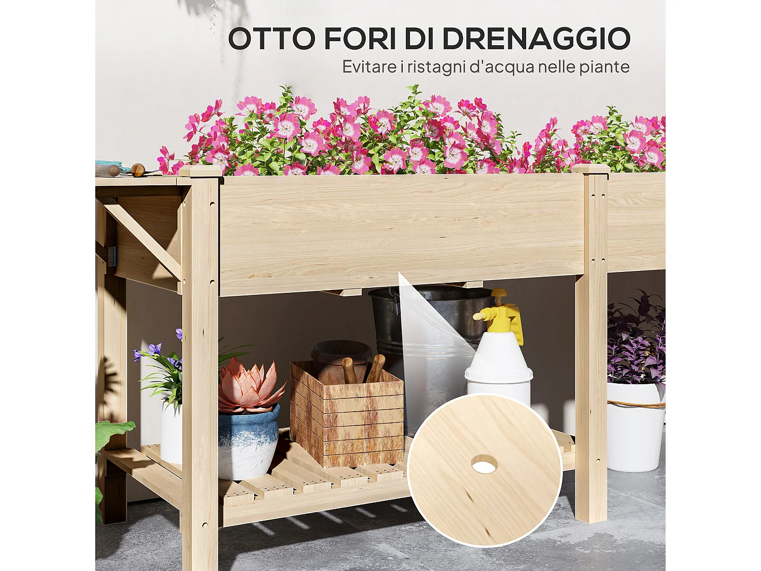 Fioriera rialzata con tavolino laterale e ripiano inferiore in legno