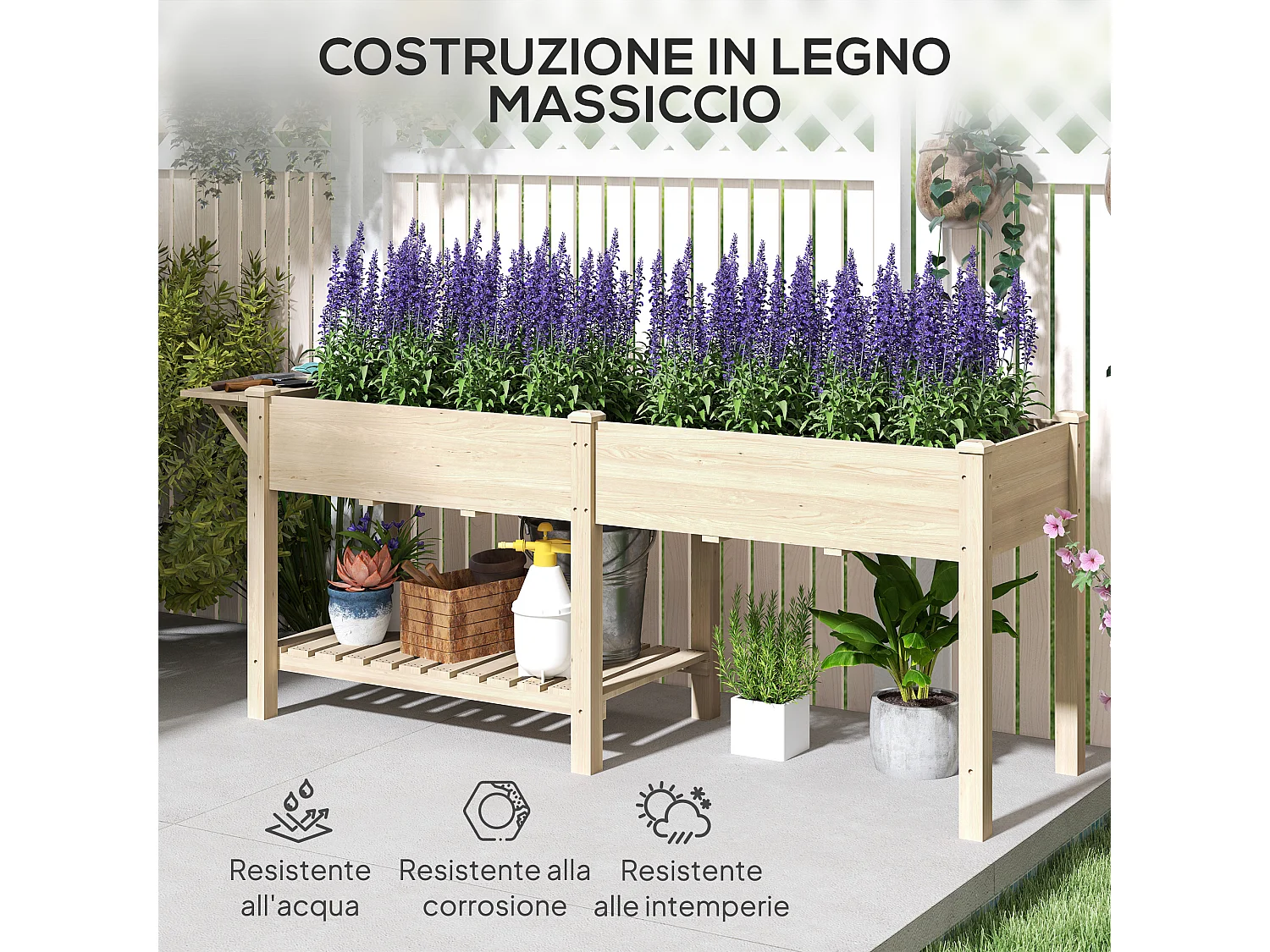 Fioriera rialzata con tavolino laterale e ripiano inferiore in legno