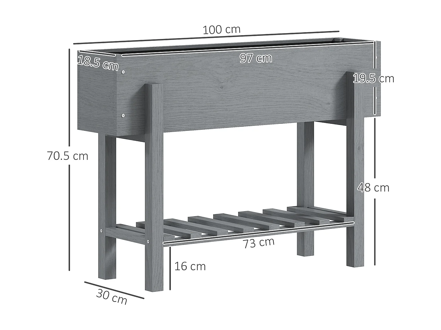 Fioriera rialzata in legno di abete con ripiano inferiore grigio