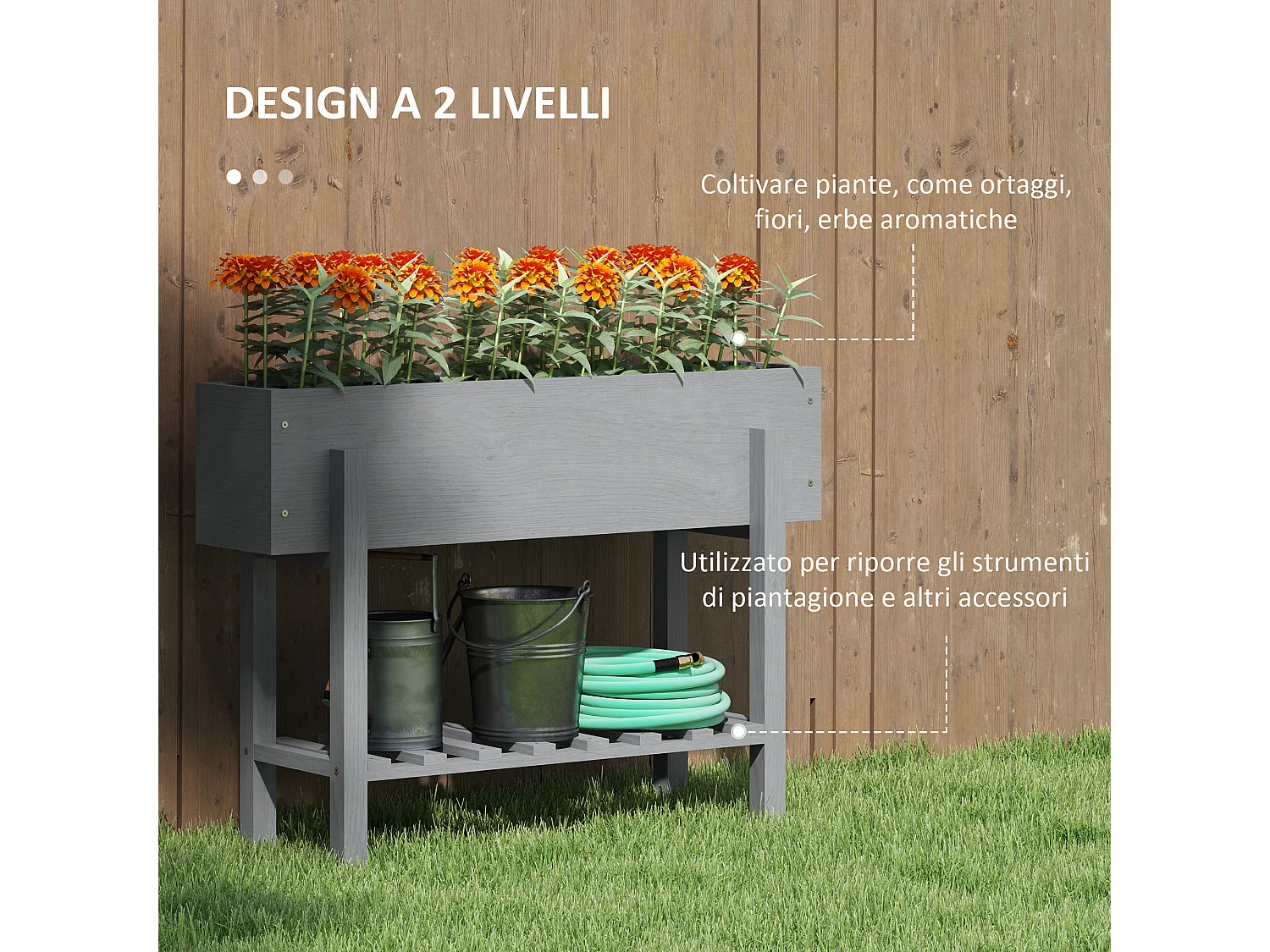 Fioriera rialzata in legno di abete con ripiano inferiore grigio