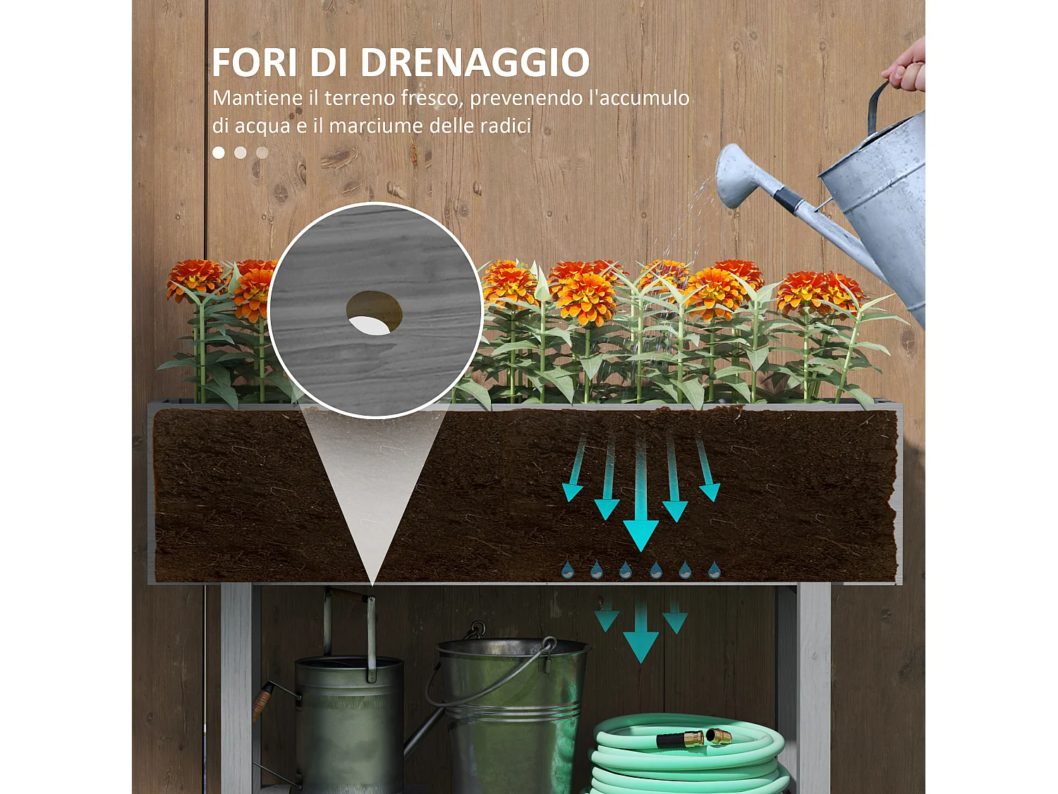 Fioriera rialzata in legno di abete con ripiano inferiore grigio