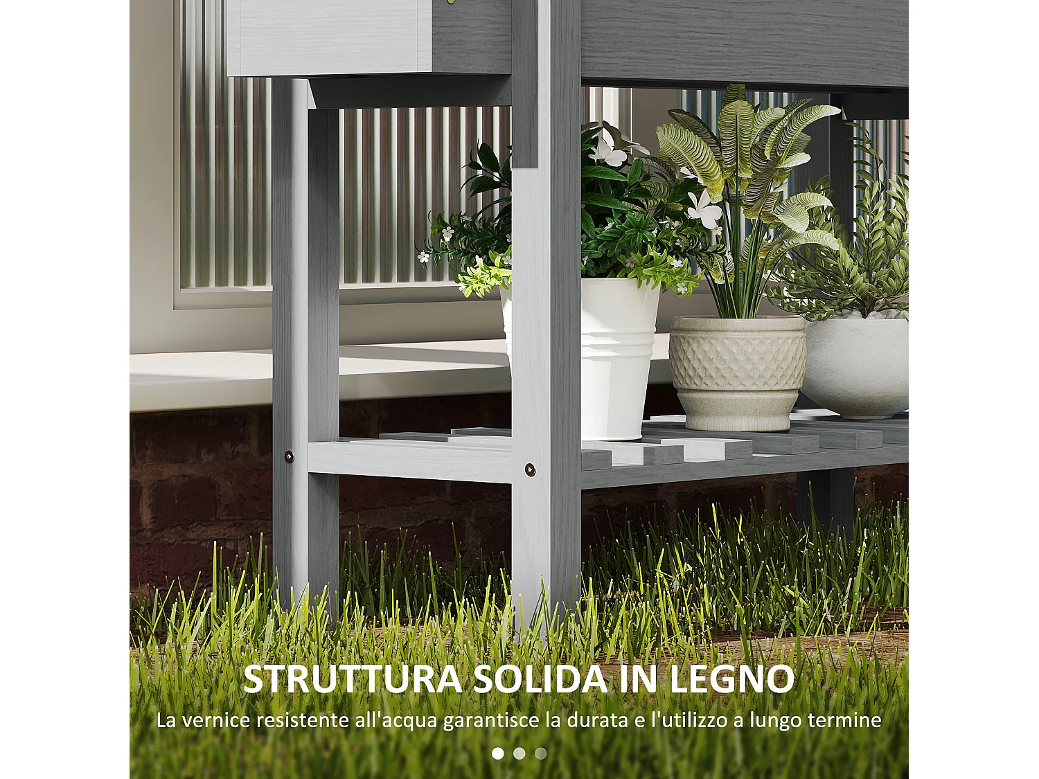 Fioriera rialzata in legno di abete con ripiano inferiore grigio