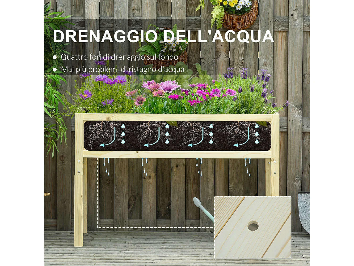 Letto per orto rialzato pieghevole con fori di drenaggio in legno