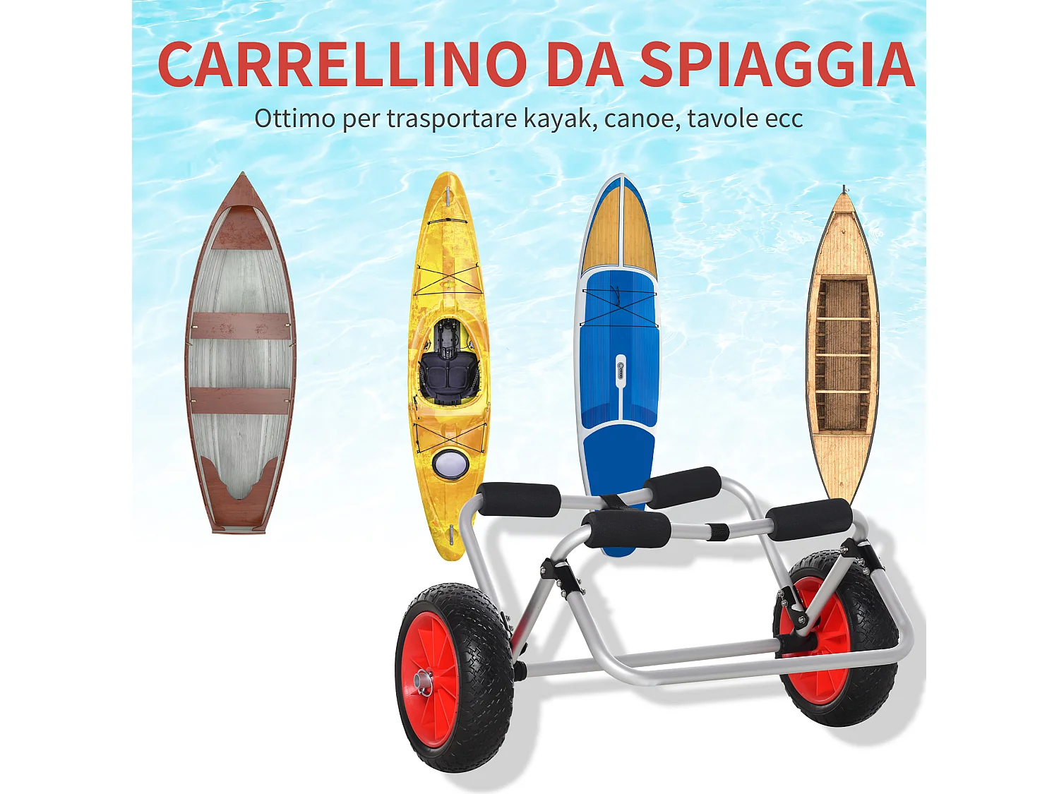 Carrellino da spiaggia per kayak e canoa con paraurti e cavalletto