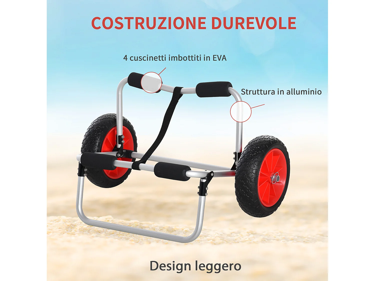 Carrellino da spiaggia per kayak e canoa con paraurti e cavalletto
