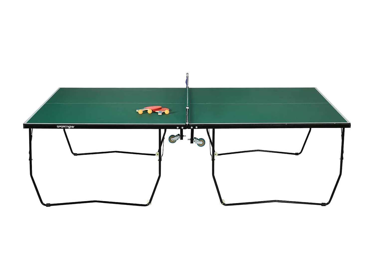 Tavolo da ping pong pieghevole con racchette e palline verde