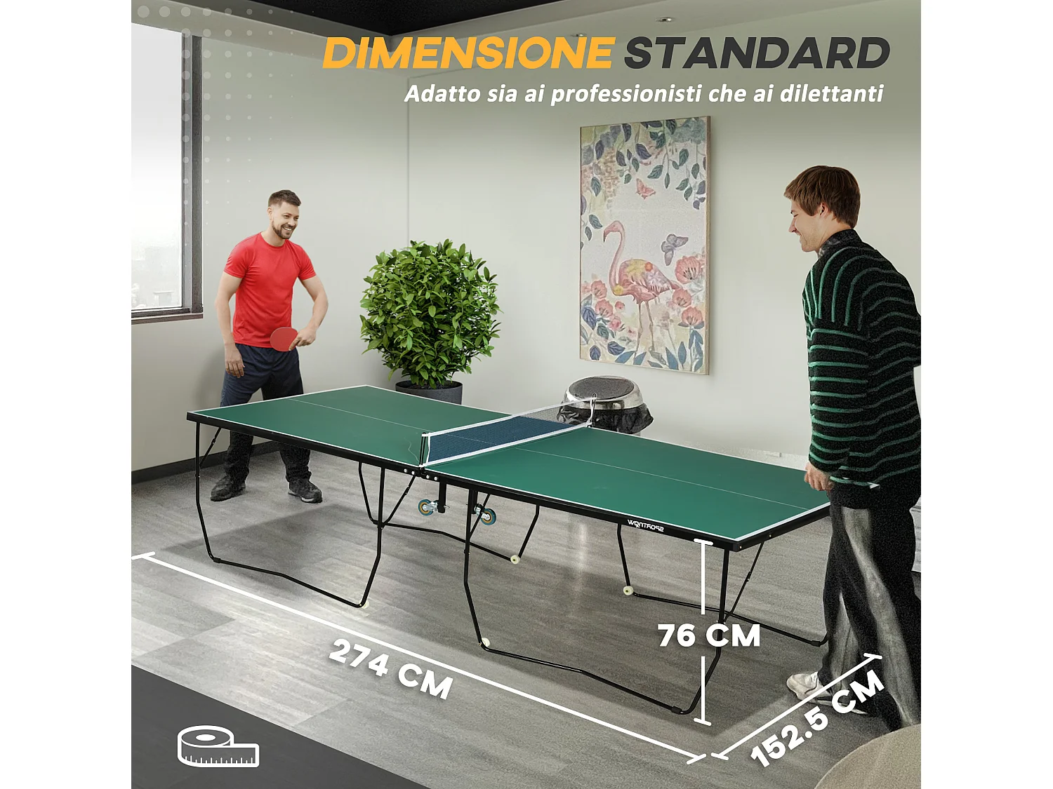 Tavolo da ping pong pieghevole con racchette e palline verde