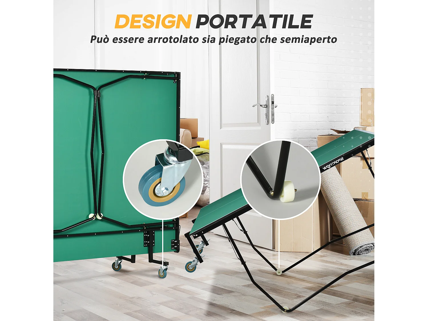 Tavolo da ping pong pieghevole con racchette e palline verde