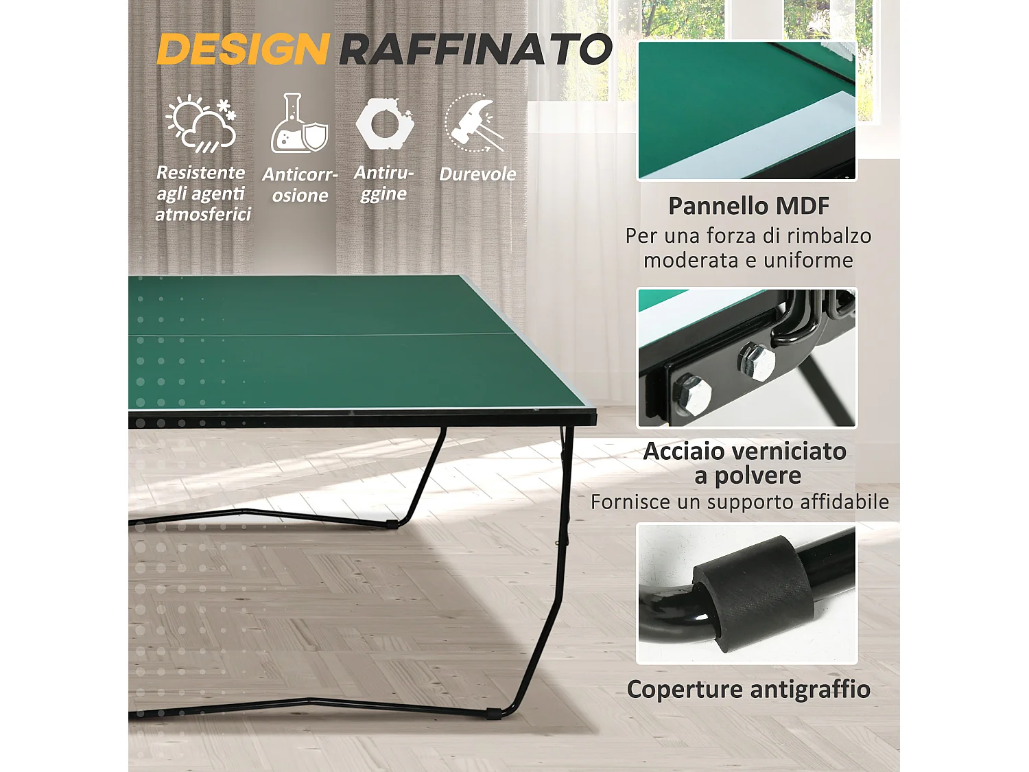 Tavolo da ping pong pieghevole con racchette e palline verde