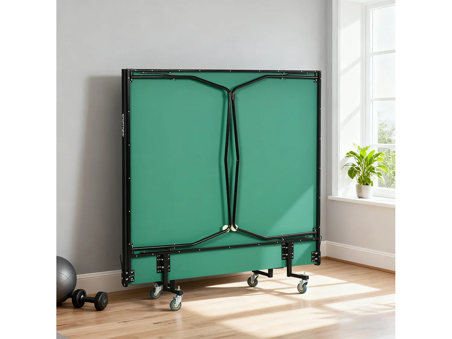 Tavolo da ping pong pieghevole con racchette e palline verde