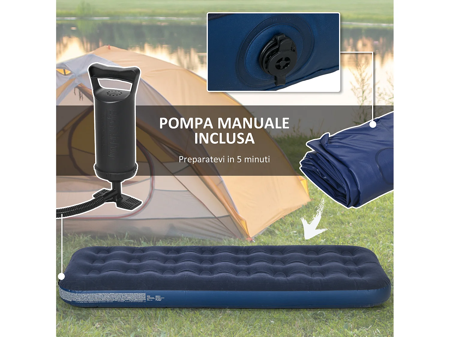 Materasso gonfiabile singolo con pompa manuale 73x191x22cm blu