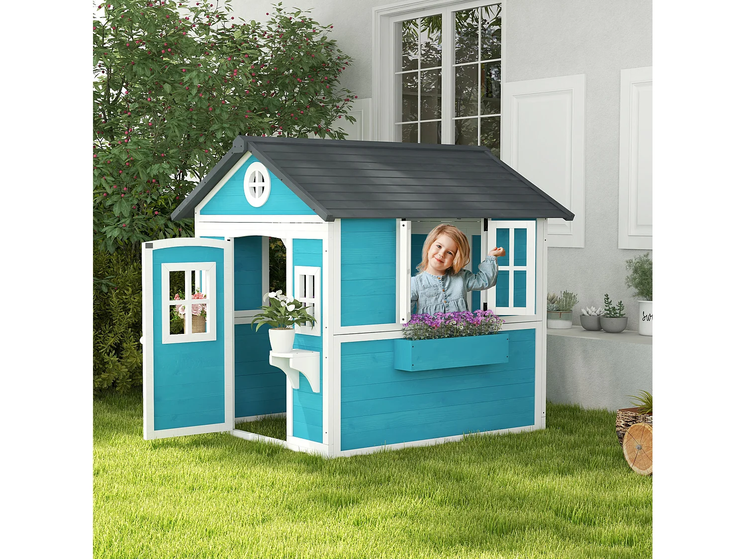 Casetta per bambini 3-8 anni con tetto inclinabile in legno blu