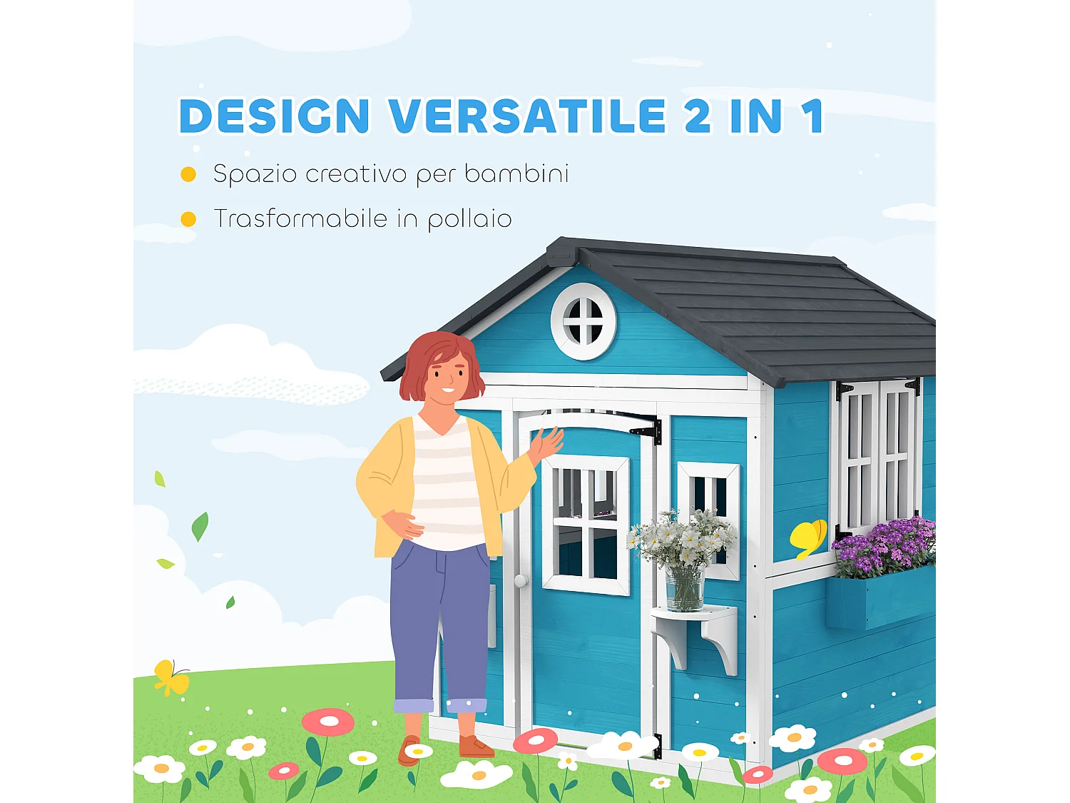 Casetta per bambini 3-8 anni con tetto inclinabile in legno blu