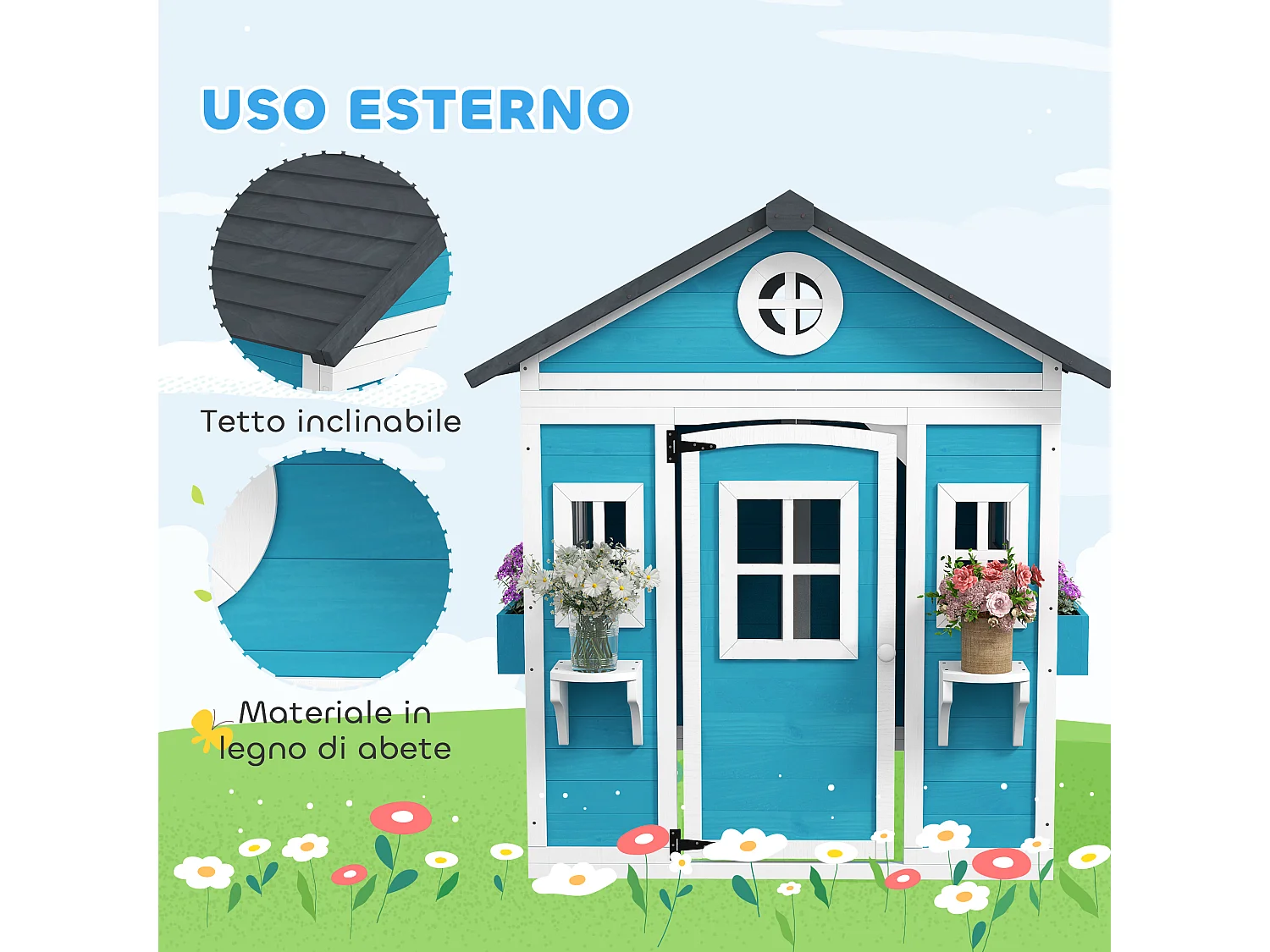 Casetta per bambini 3-8 anni con tetto inclinabile in legno blu