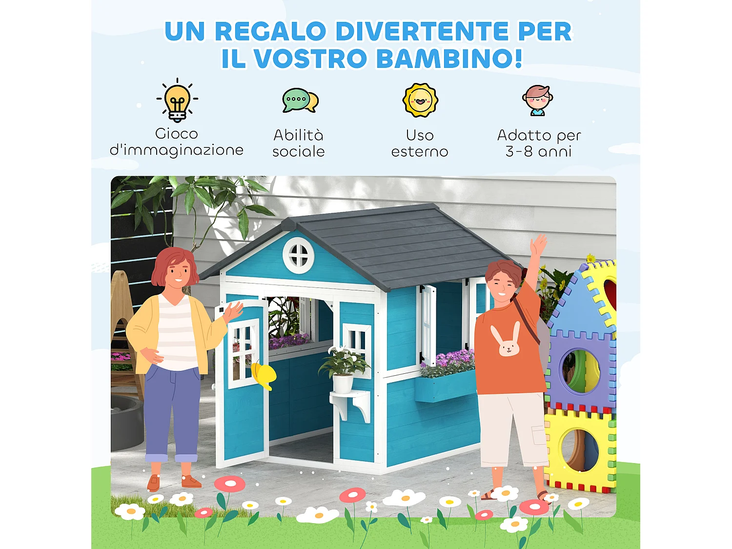 Casetta per bambini 3-8 anni con tetto inclinabile in legno blu