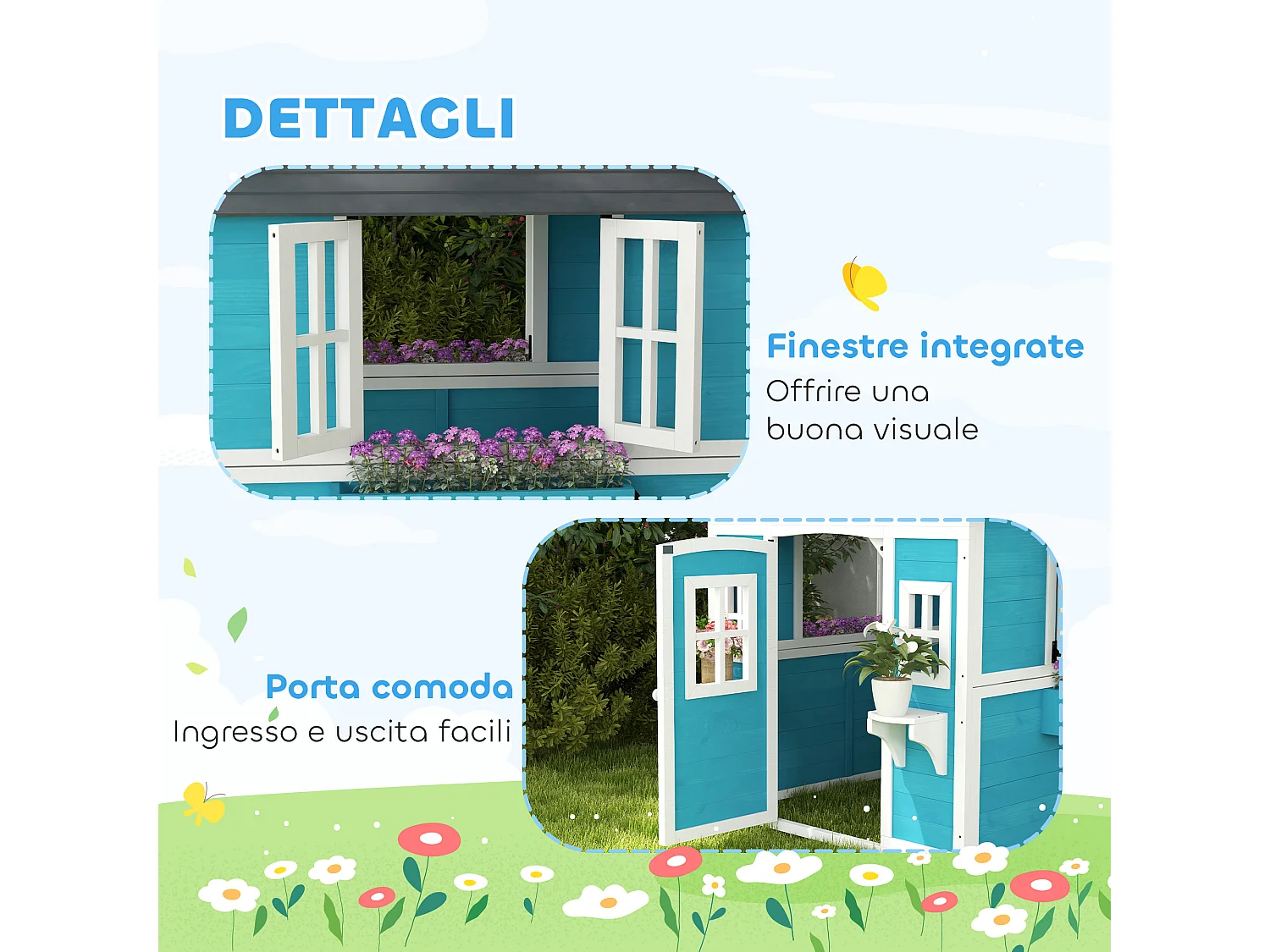 Casetta per bambini 3-8 anni con tetto inclinabile in legno blu