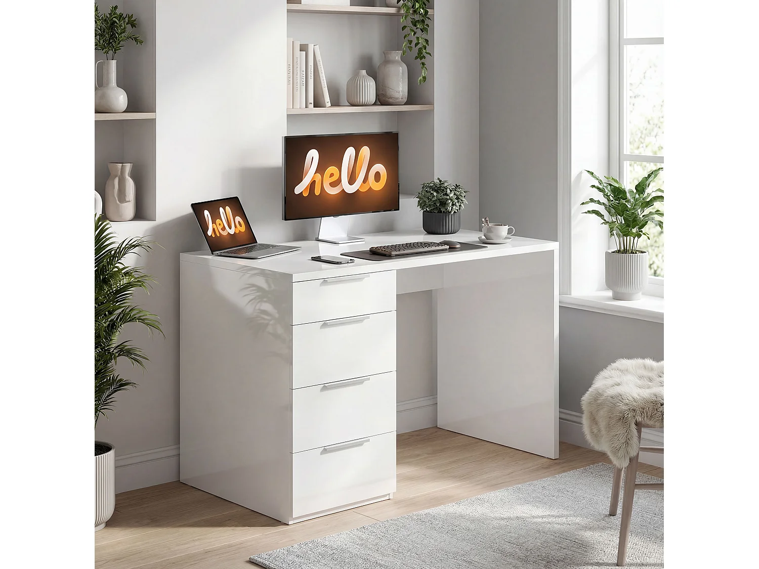 Scrivania salvaspazio con 4 cassetti in legno bianco lucido