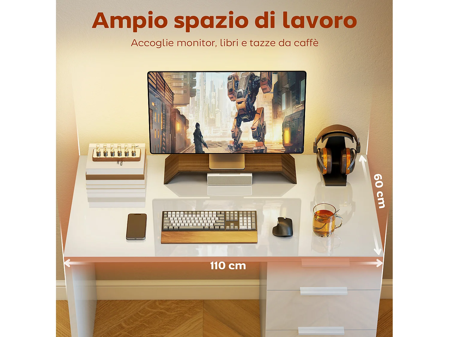 Scrivania salvaspazio con 4 cassetti in legno bianco lucido