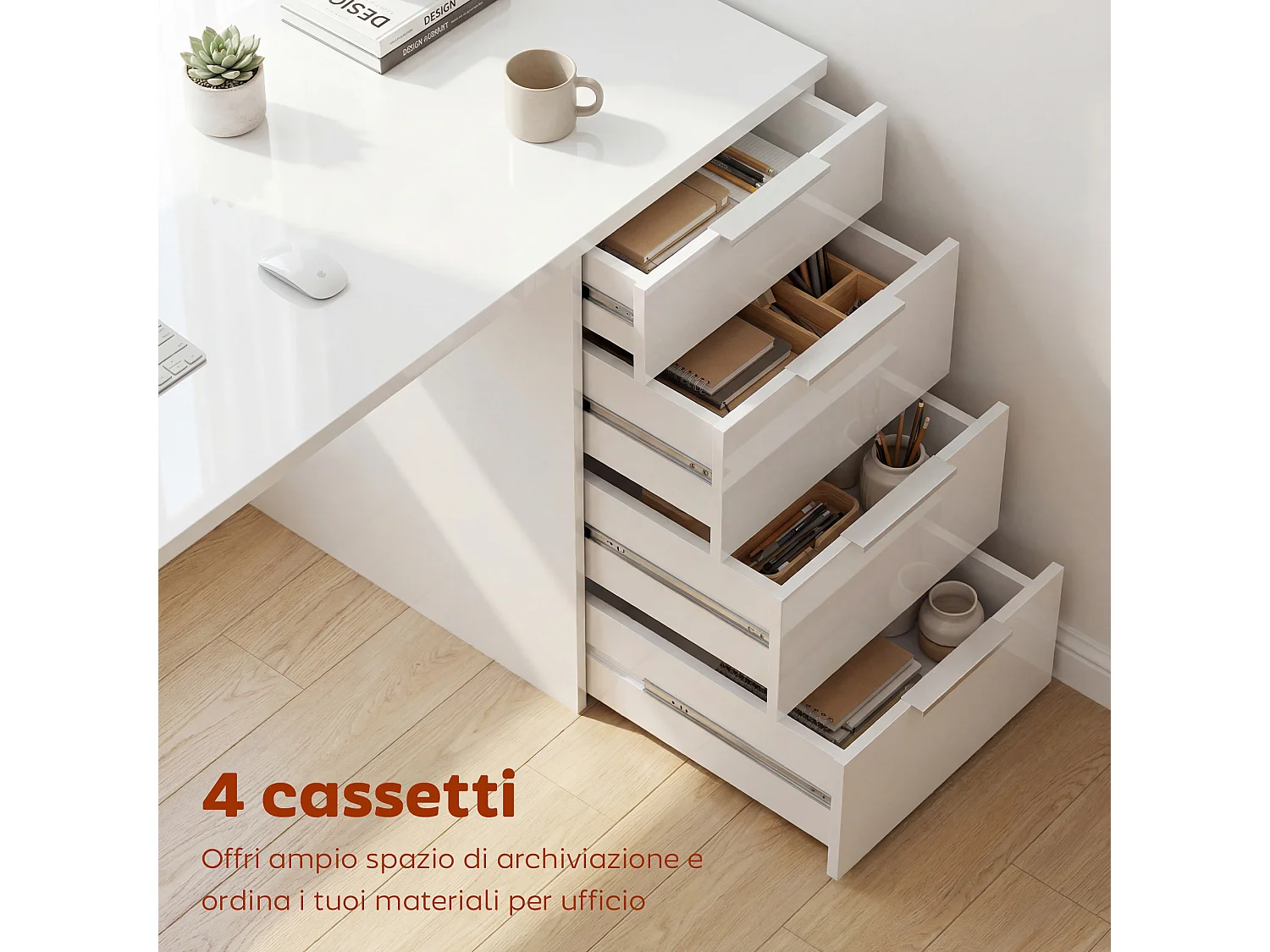 Scrivania salvaspazio con 4 cassetti in legno bianco lucido