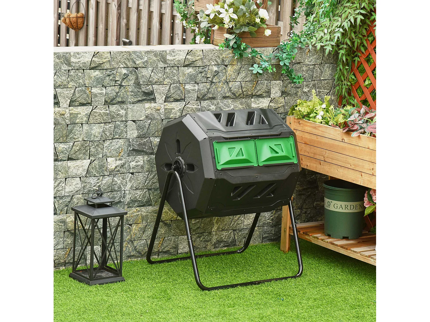 Compostiera da giardino girevole a 2 sezioni in acciaio e pp nero