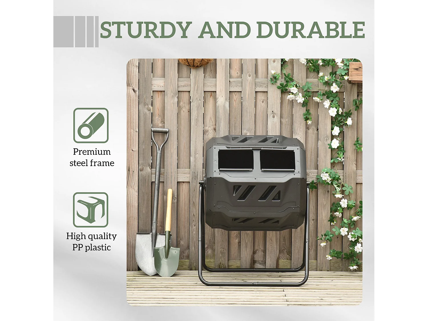 Compostiera da giardino girevole a 2 sezioni in acciaio e pp nero