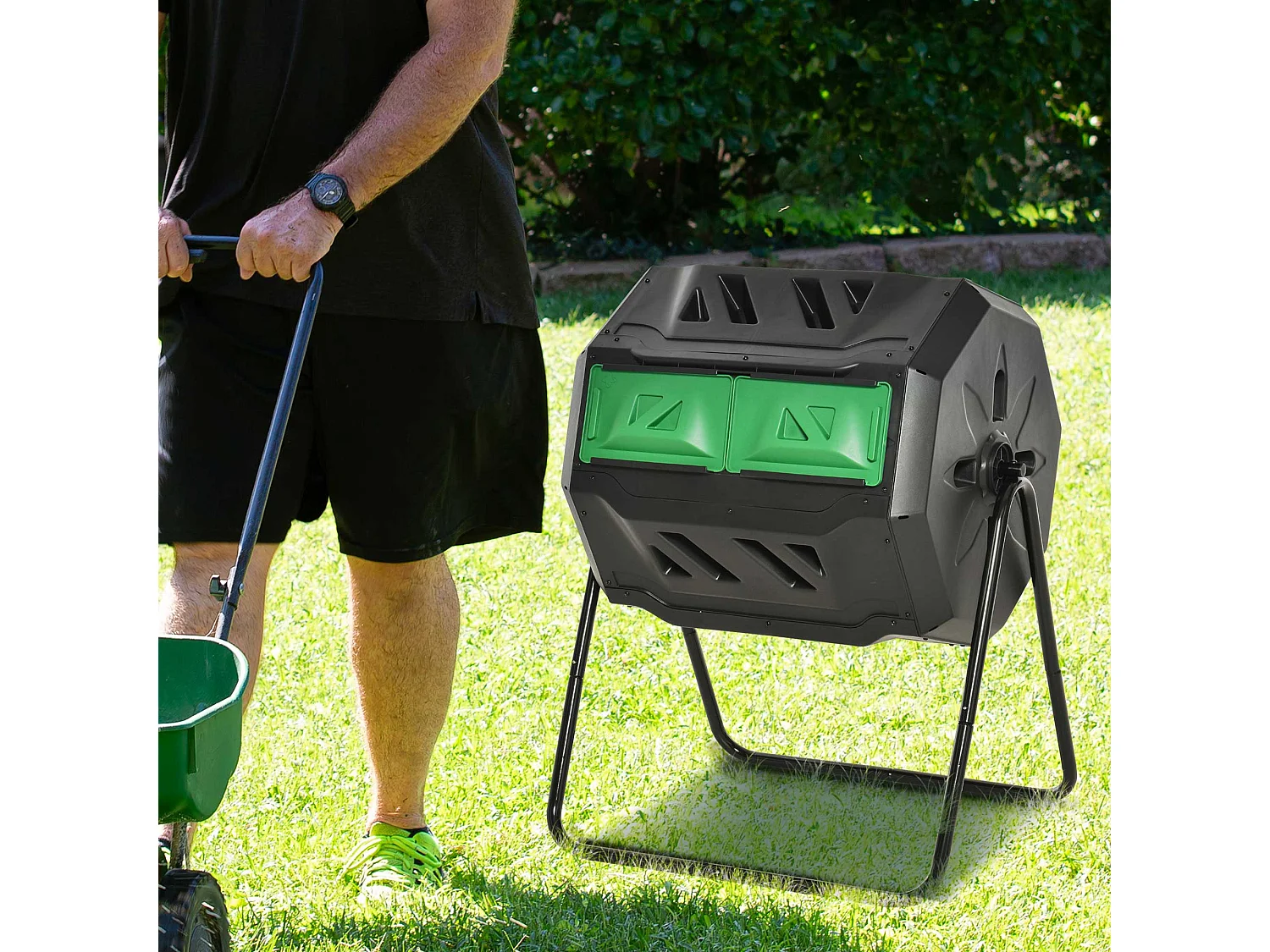 Compostiera da giardino girevole a 2 sezioni in acciaio e pp nero