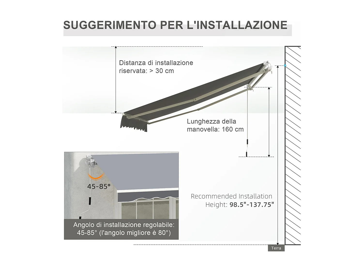 Tenda da sole da esterno avvolgibile 2.5x2m grigio e bianco