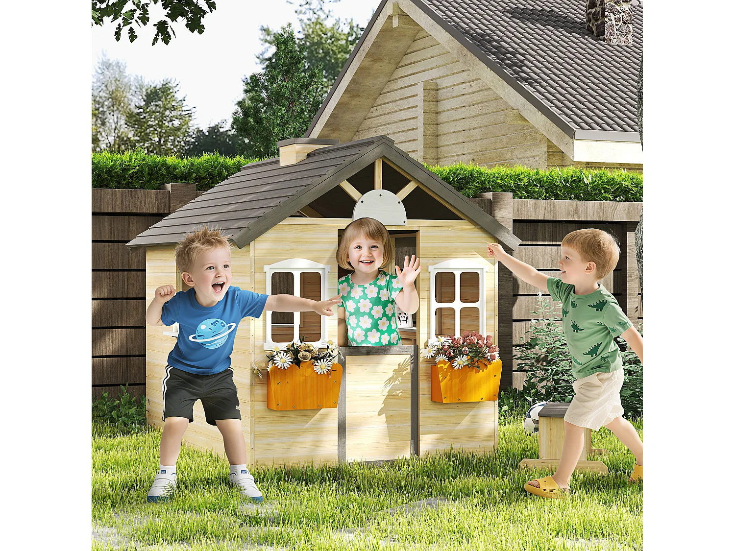 Casetta bimbi 3-7 anni con 2 finestre in legno di abete e pp