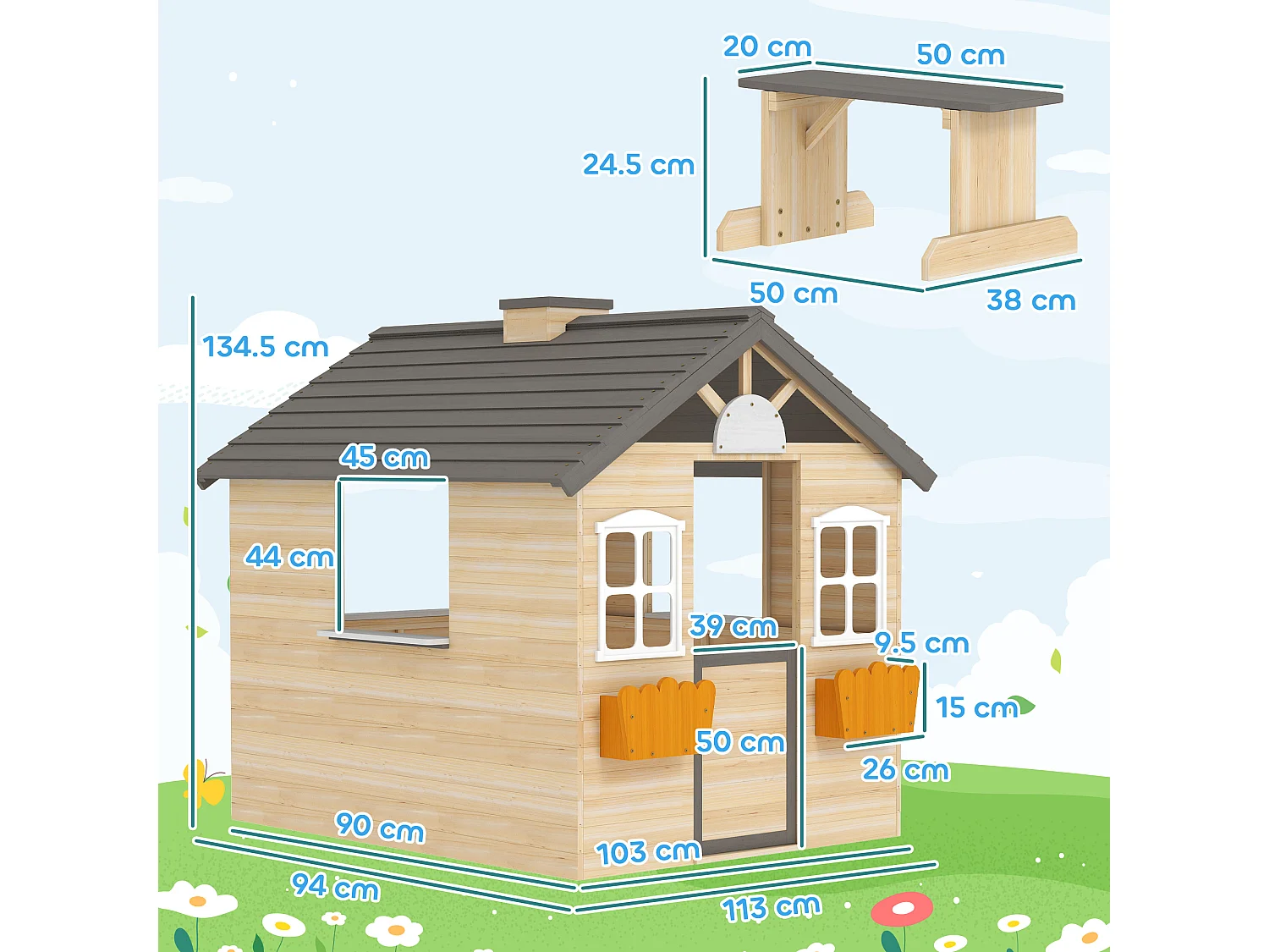 Casetta bimbi 3-7 anni con 2 finestre in legno di abete e pp
