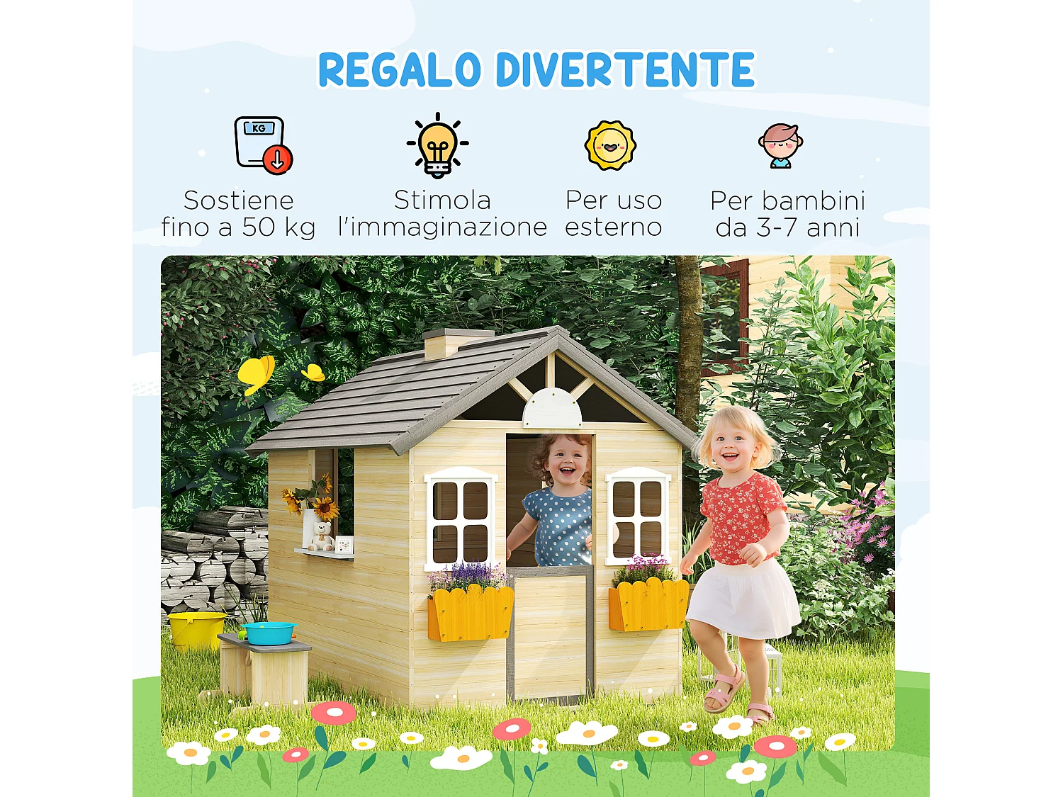 Casetta bimbi 3-7 anni con 2 finestre in legno di abete e pp