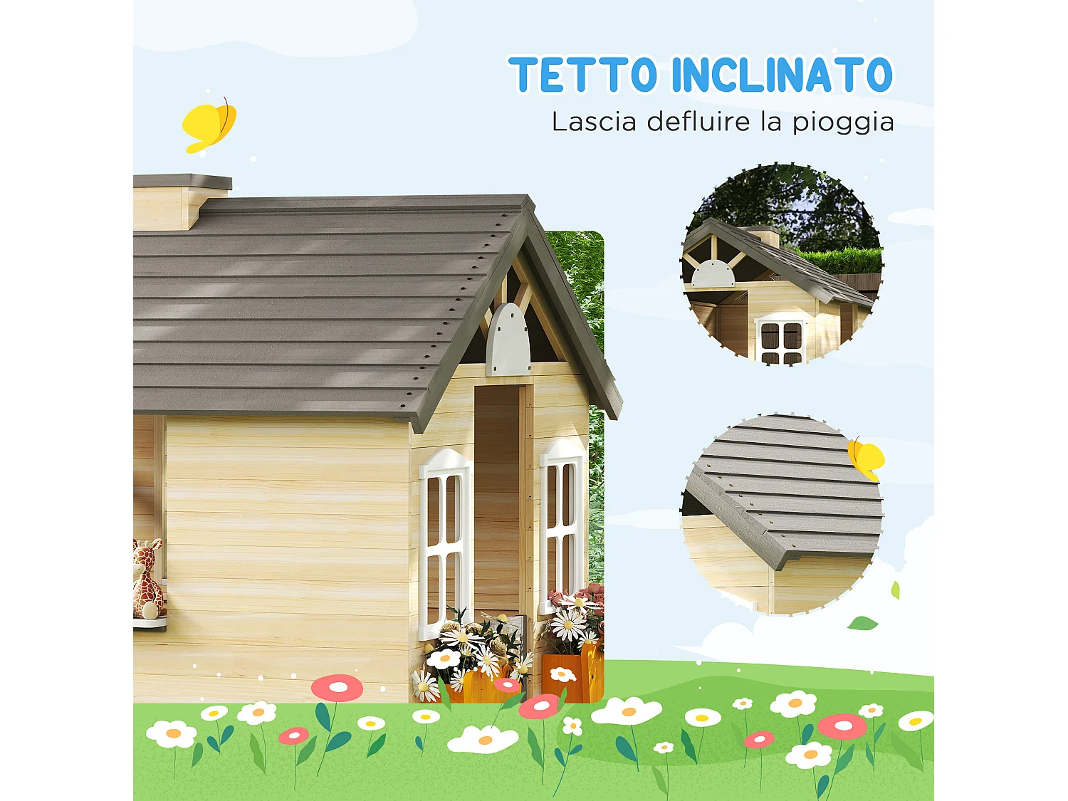 Casetta bimbi 3-7 anni con 2 finestre in legno di abete e pp