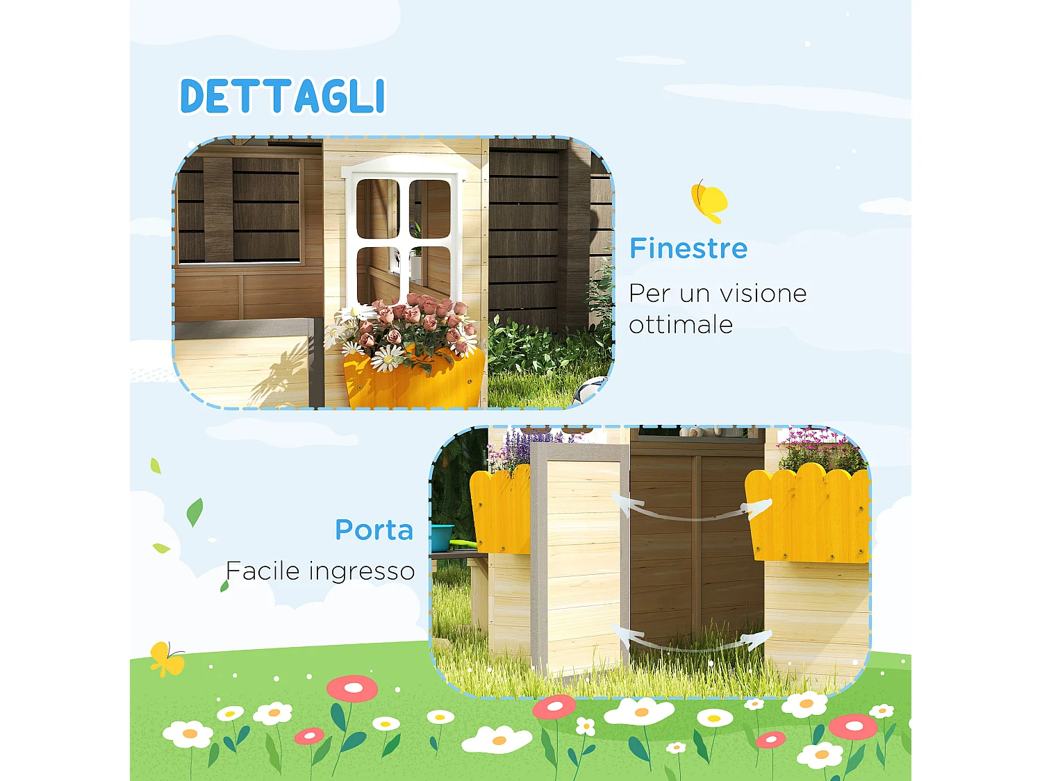 Casetta bimbi 3-7 anni con 2 finestre in legno di abete e pp