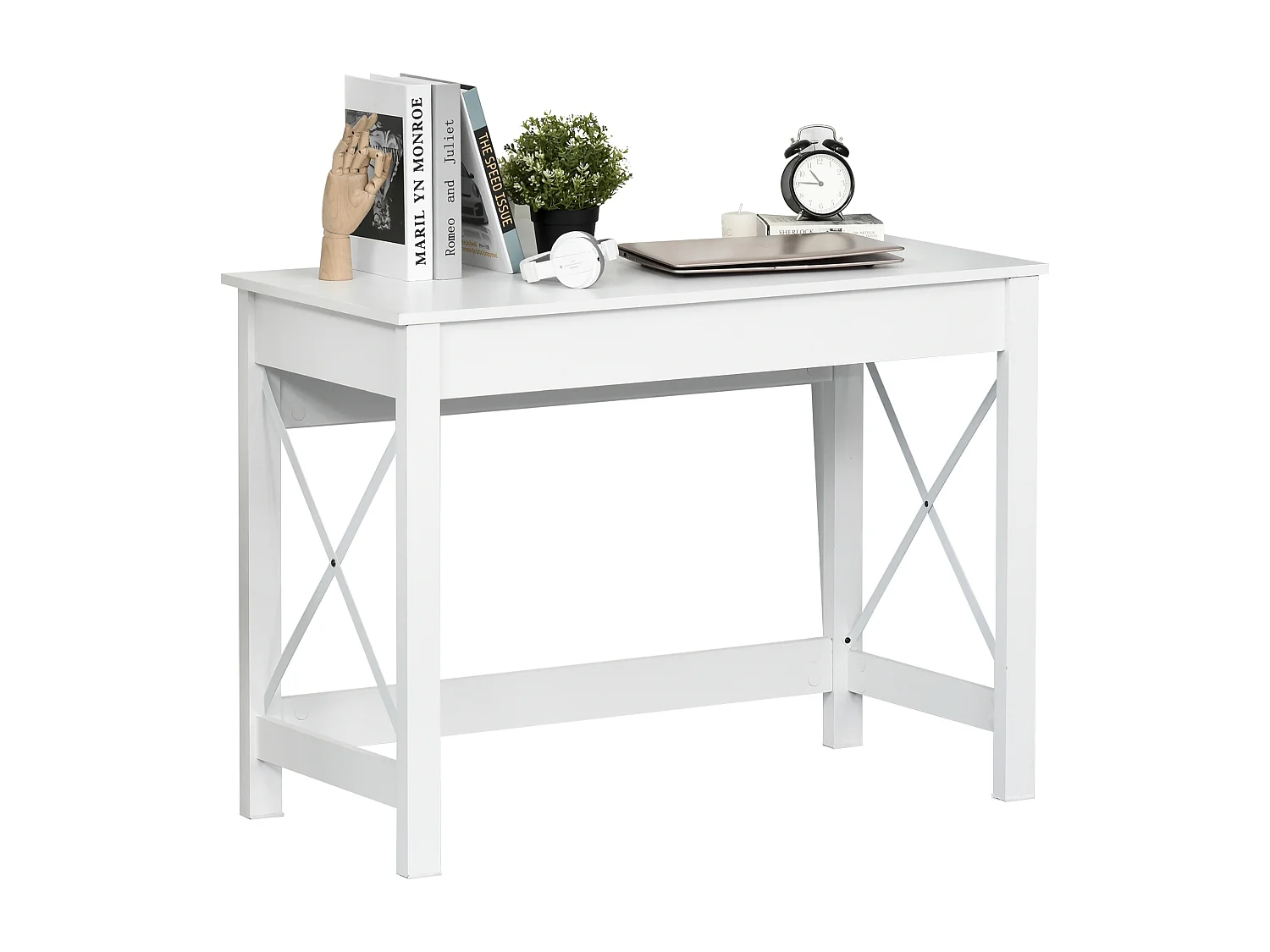 Scrivania porta pc moderna e minimal in mdf e acciaio bianco