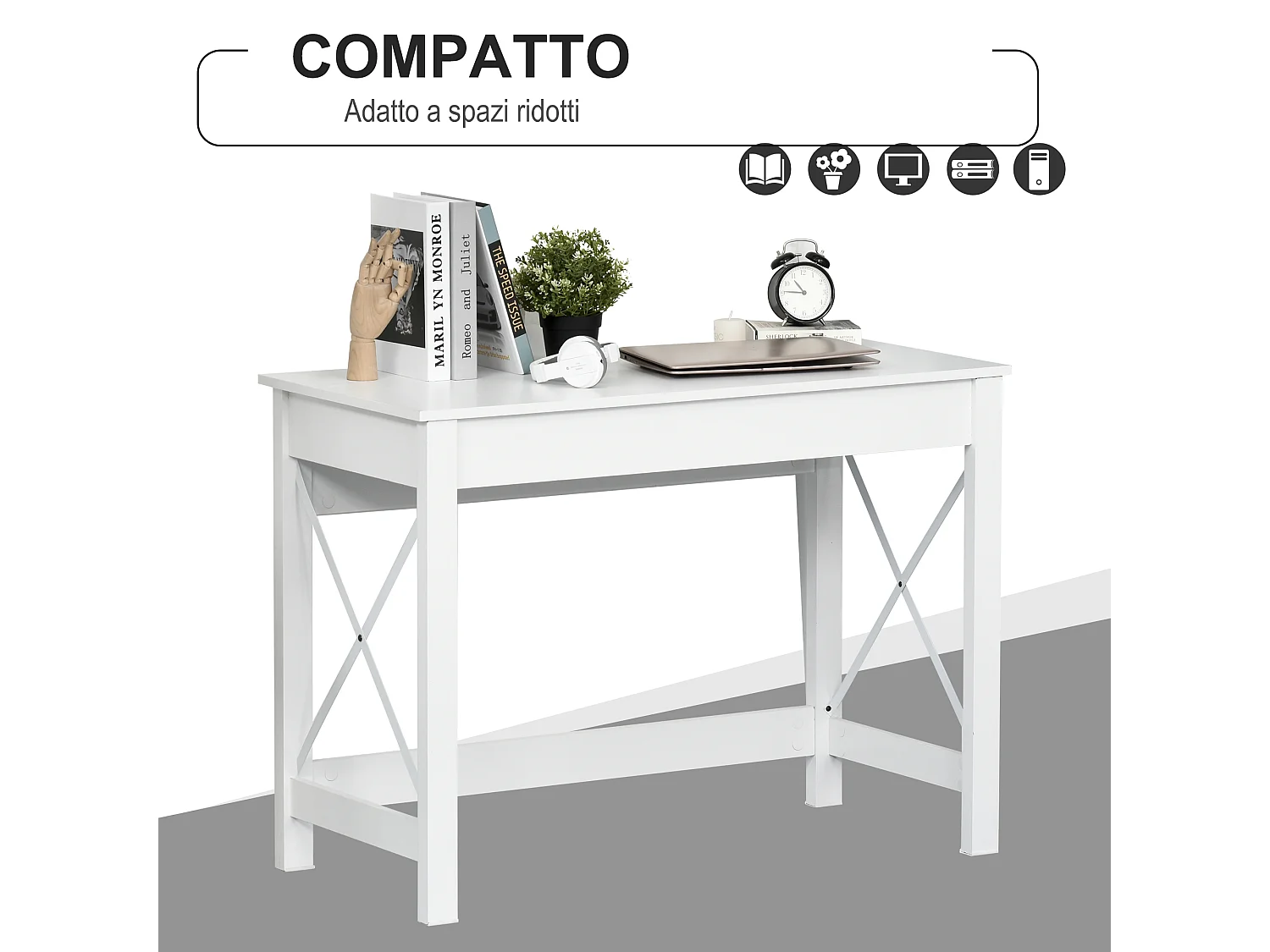 Scrivania porta pc moderna e minimal in mdf e acciaio bianco