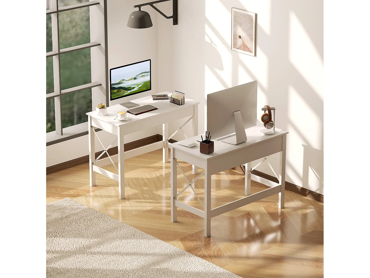 Scrivania porta pc moderna e minimal in mdf e acciaio bianco