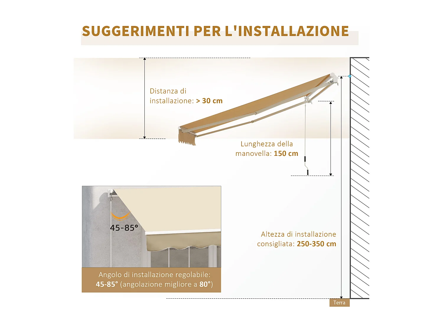 Tenda da sole avvolgibile a caduta manuale 3x2.5m beige