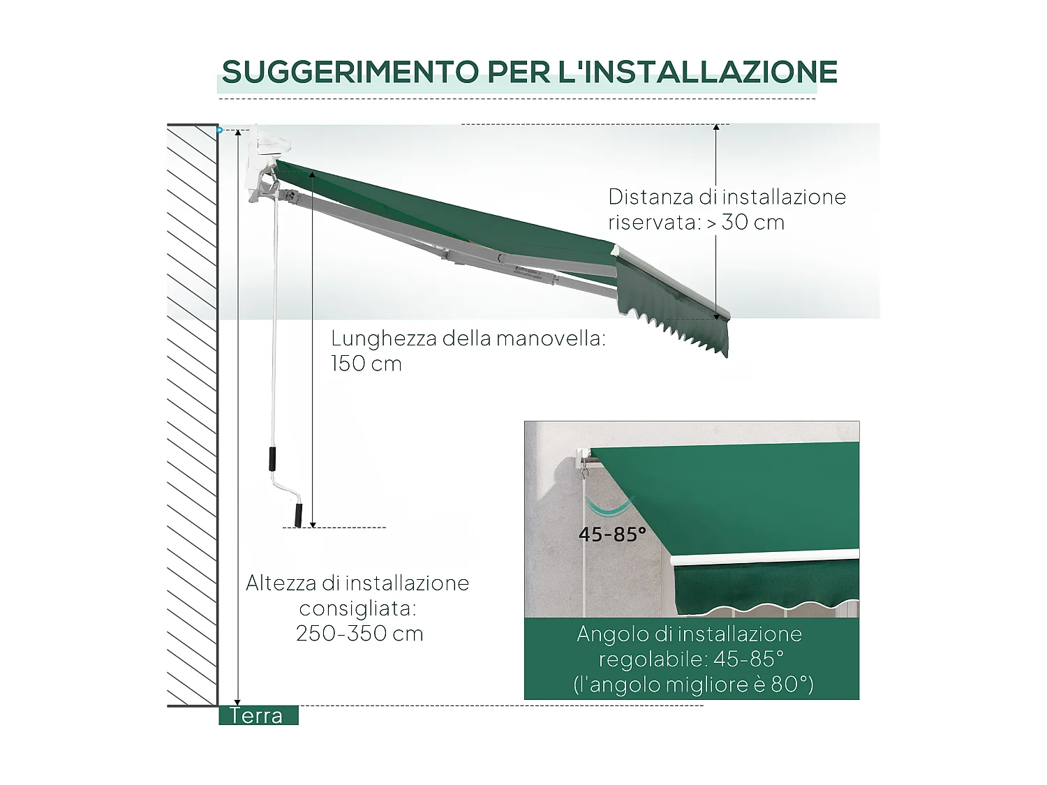 Tenda da sole a manovella 3x2 m ad angolazione regolabile verde