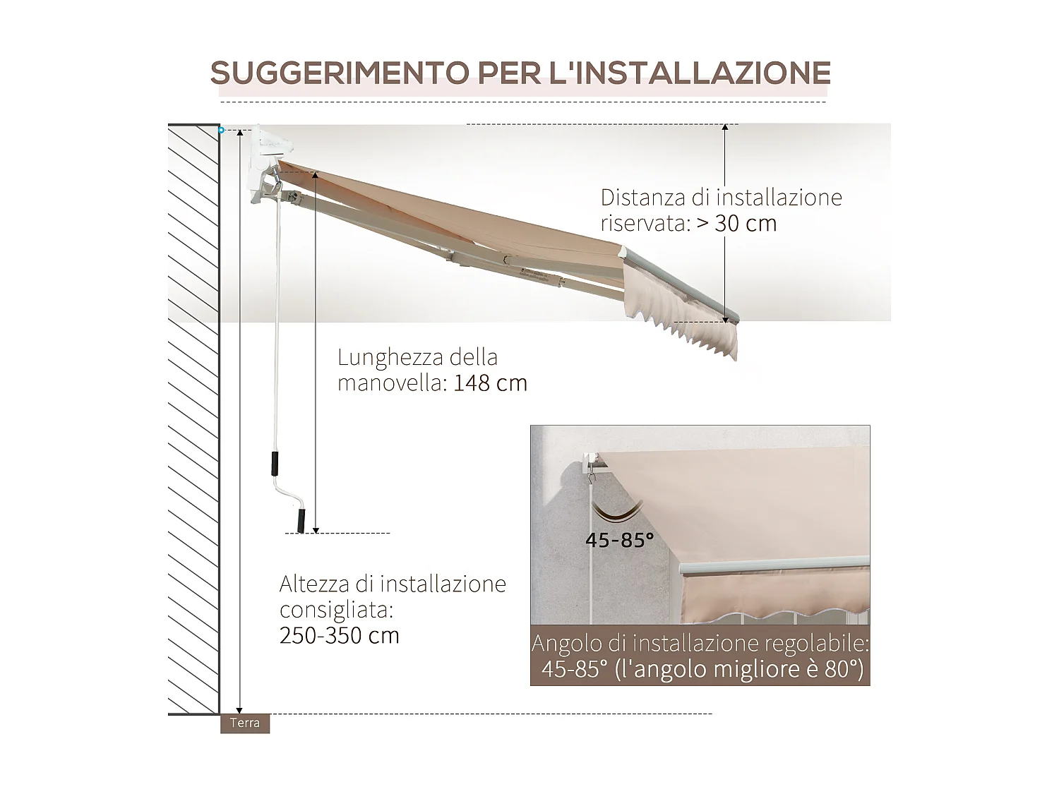 Tenda da sole avvolgibile con manovella 295x200cm beige